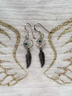 Dainty Sterling Silver Dreamcatcher Feather Drop Turquoise Bead Earrings